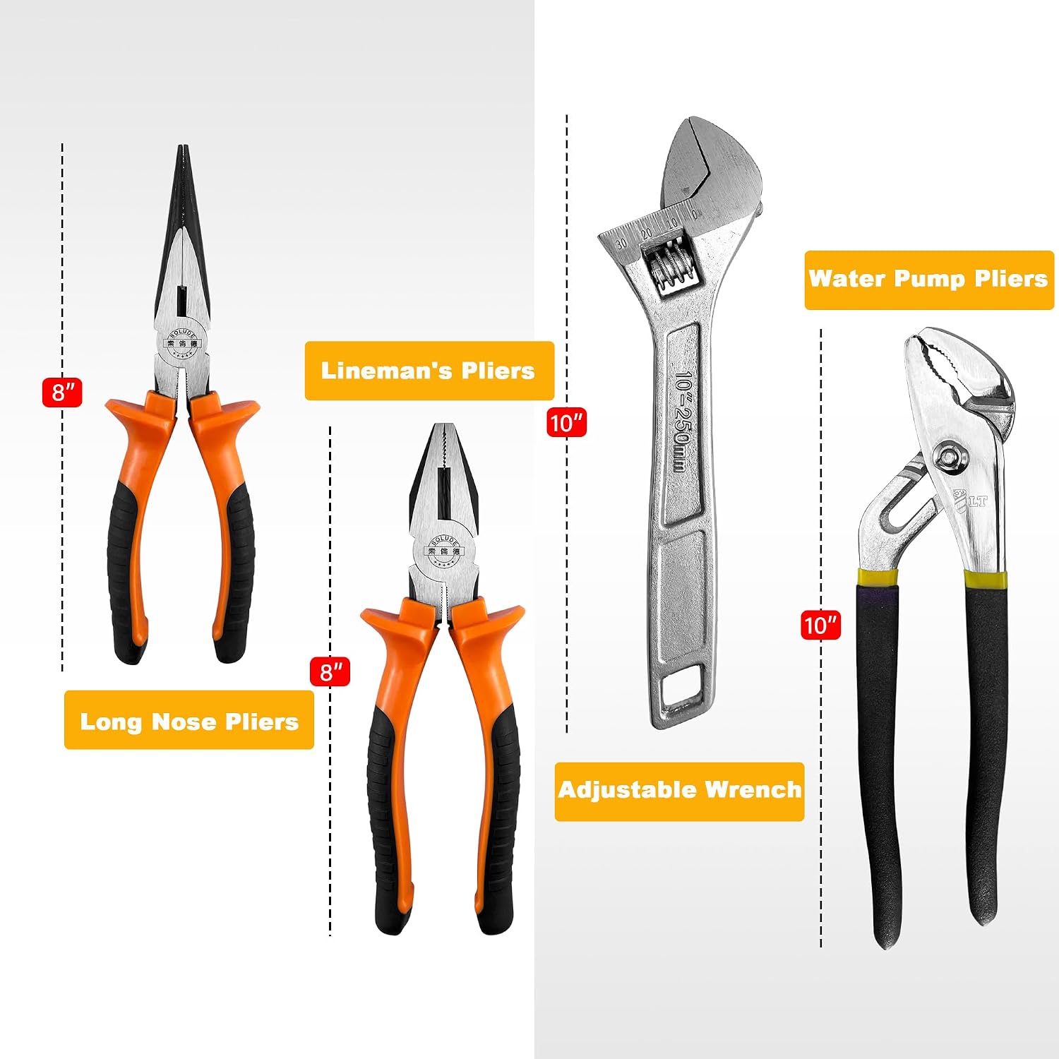 4-Piece Large Pilers and Wrench Set,10 Inch Groove Joint Pliers and Adjustable Wrench with 8 Inch Long Nose and