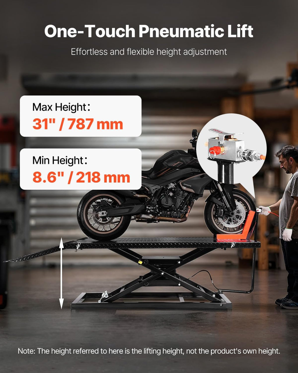 Motorcycle Lift Table, 1500lbs Weight Capacity, Pneumatic Motorcycle Jack, 8.6-31 in Height Range, Heavy Duty Bike