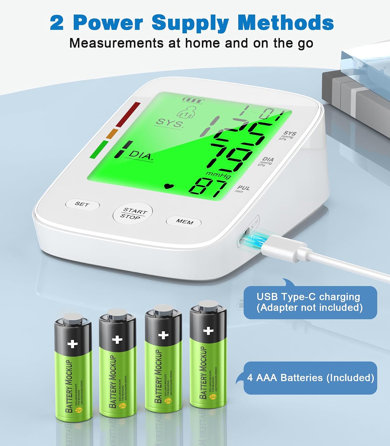 Automatic Upper Arm Blood Pressure Monitor for Home Use, 2x199 Memory, Large LCD Backlit Screen, Adjustable Cuff
