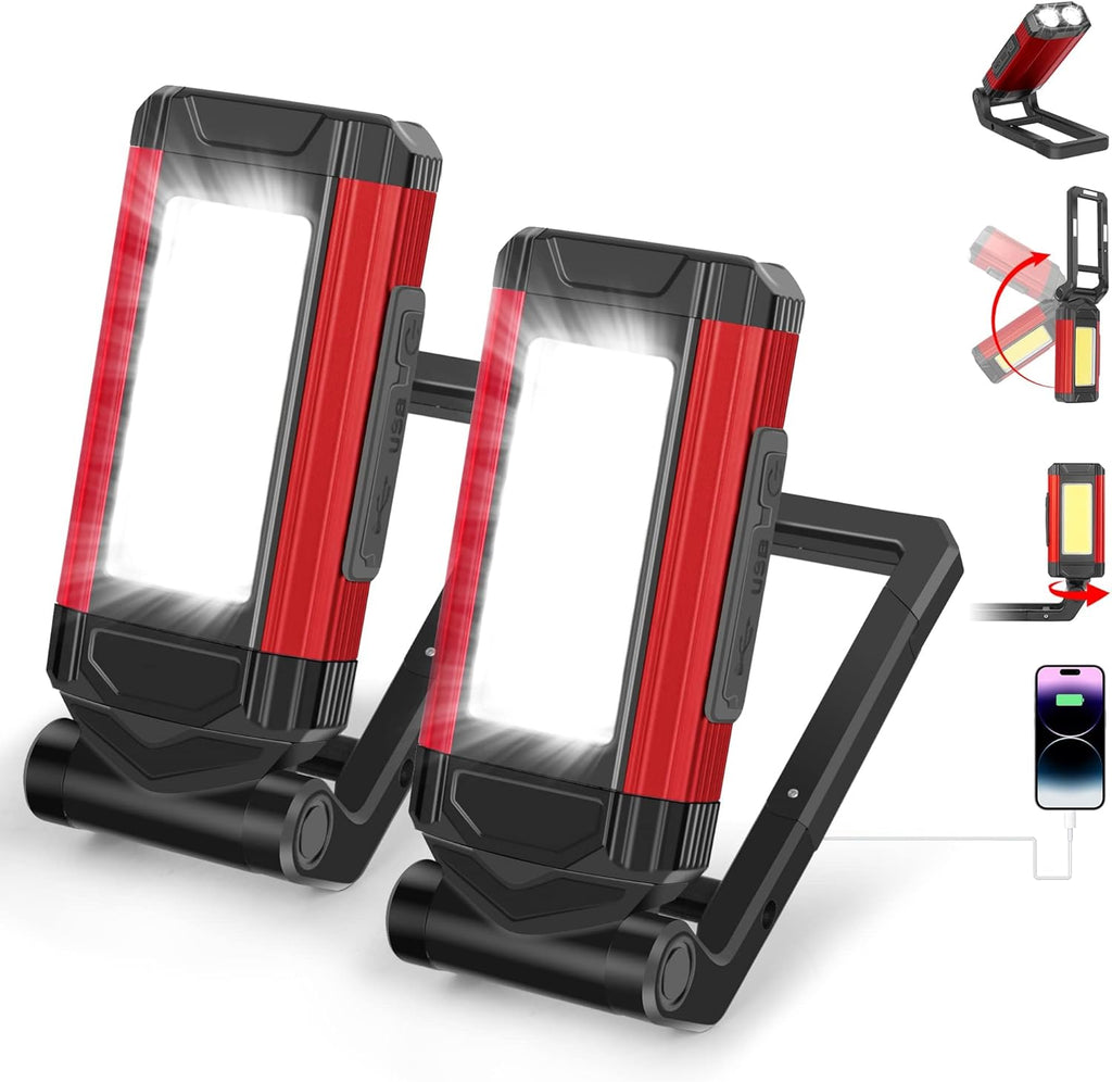 Rechargeable LED Magnetic Work Light 2 Pack, Portable Tool Gifts for Men, 7 Flashlight Modes with Kickstand and