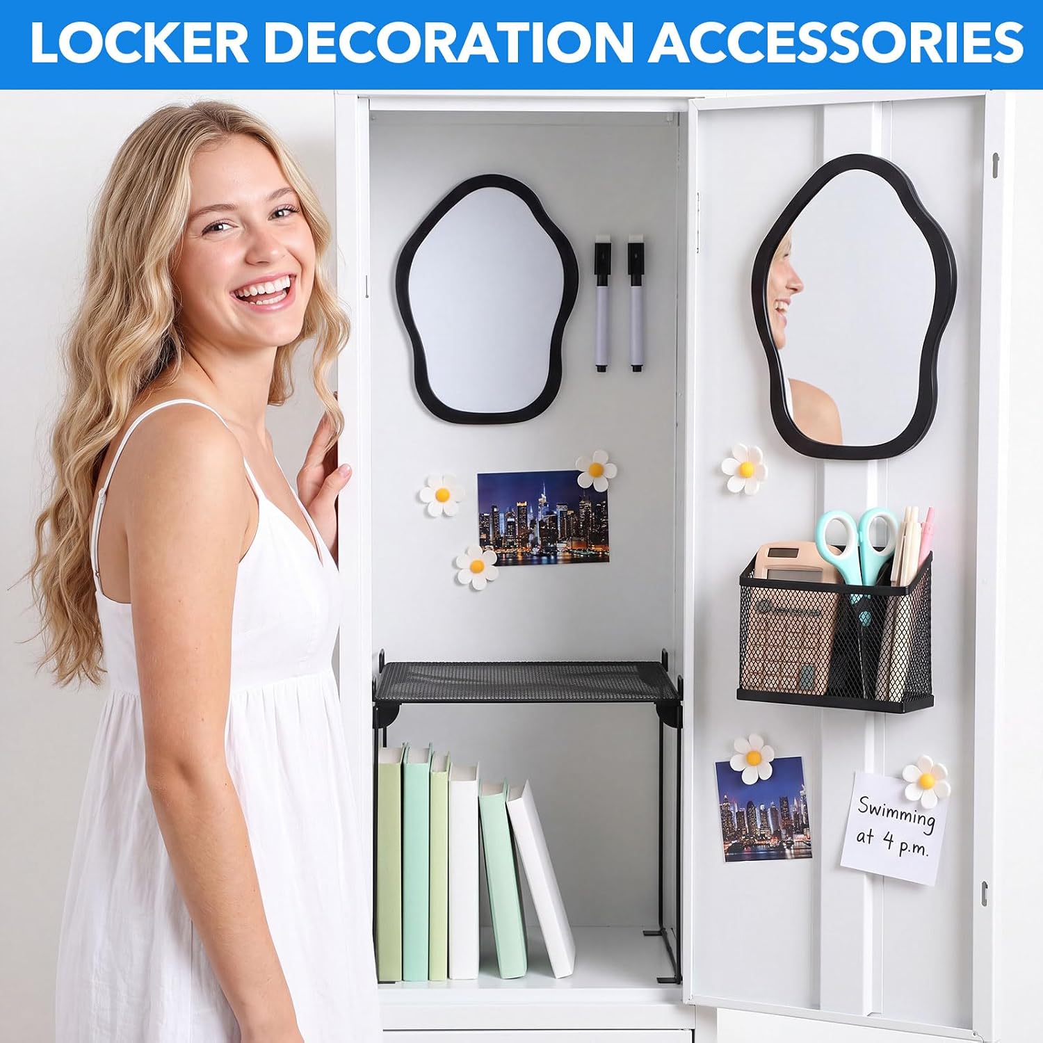7 Pcs Black Locker Organizer Accessories Kit, Back to School Essentials Includes Cloud Mirror, Whiteboard, Dry Erase
