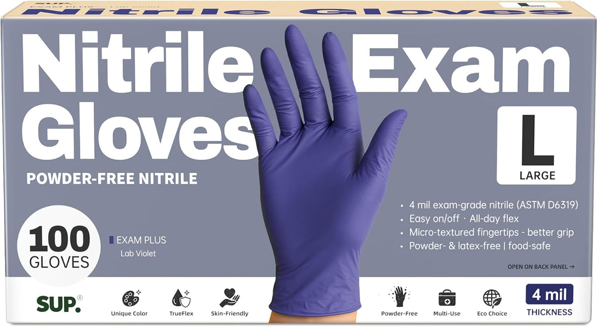 SUP Exam Plus Nitrile Gloves, Powder-Free Disposable Lab Violet