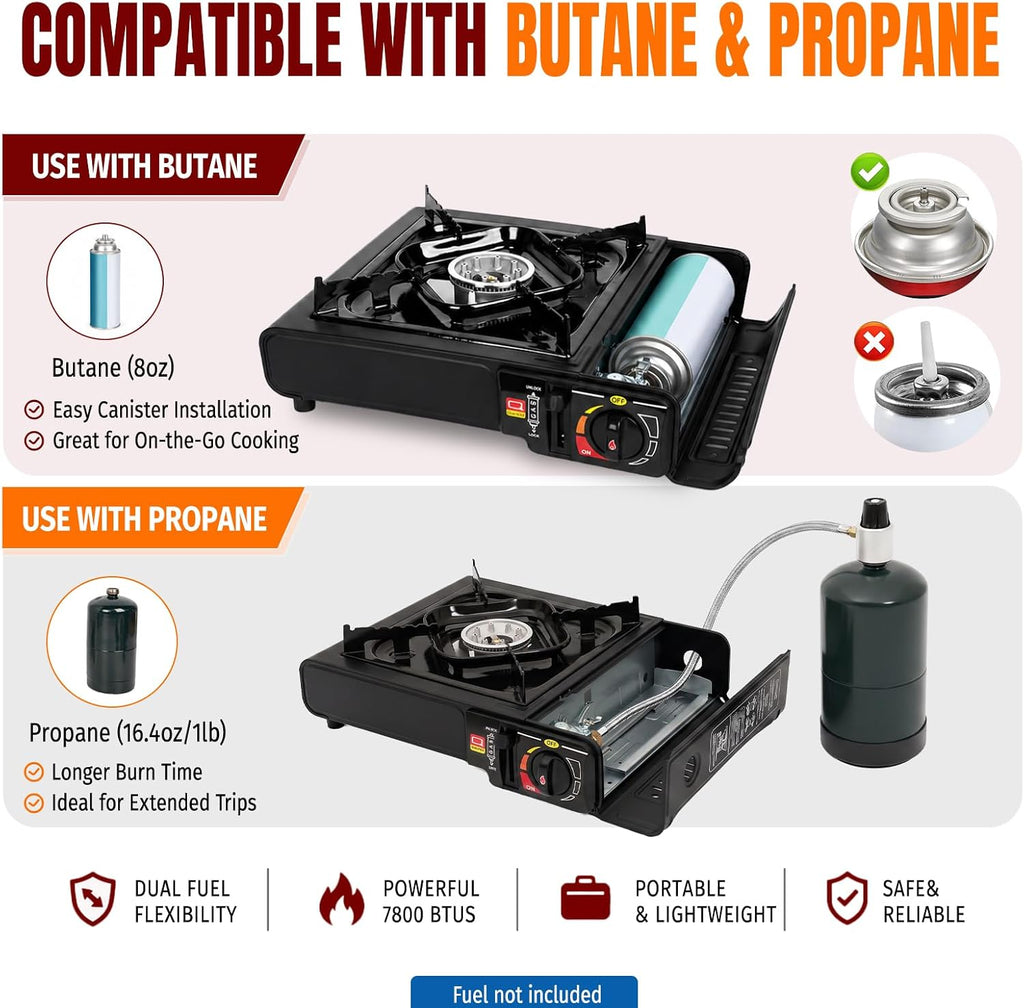7800 BTU Dual Fuel Camping Stove, Propane Portable Gas Stove | Propane or Butane Camp Stove with Adjustable Heat