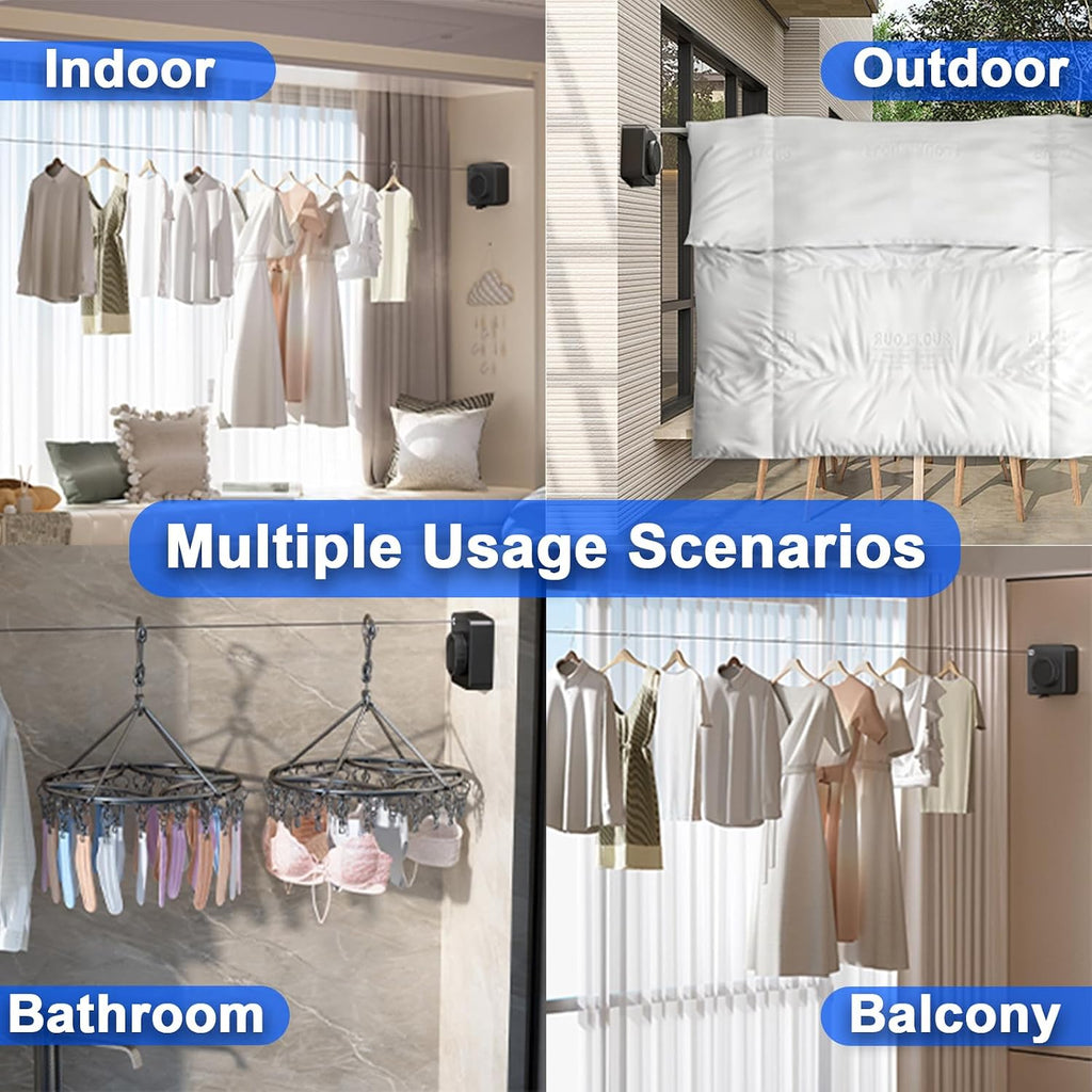 Retractable Clothesline Indoor Outdoor 16.2Ft Non-Sag(1, Black) | Stainless Steel Heavy Duty Design Laundry Wash Line