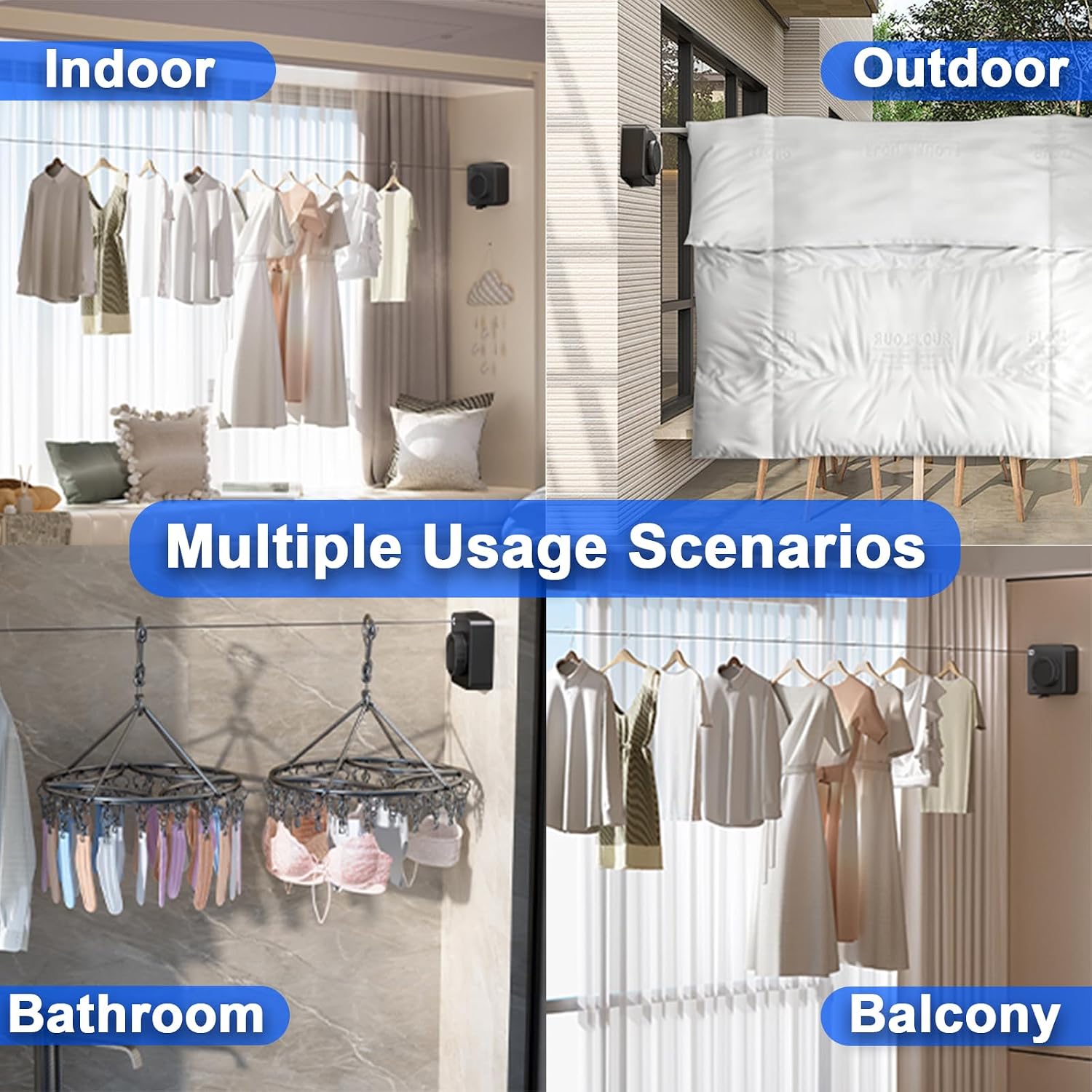 Retractable Clothesline Indoor Outdoor 16.2Ft Non-Sag(1, Black) | Stainless Steel Heavy Duty Design Laundry Wash Line