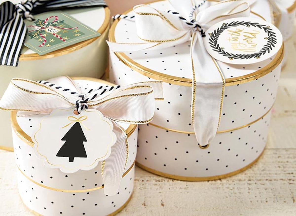 Gift Wrap Co. Nested Gift Box 2-Piece Set Round Designer Boxes with Lids, Large and Small, Polka Dots