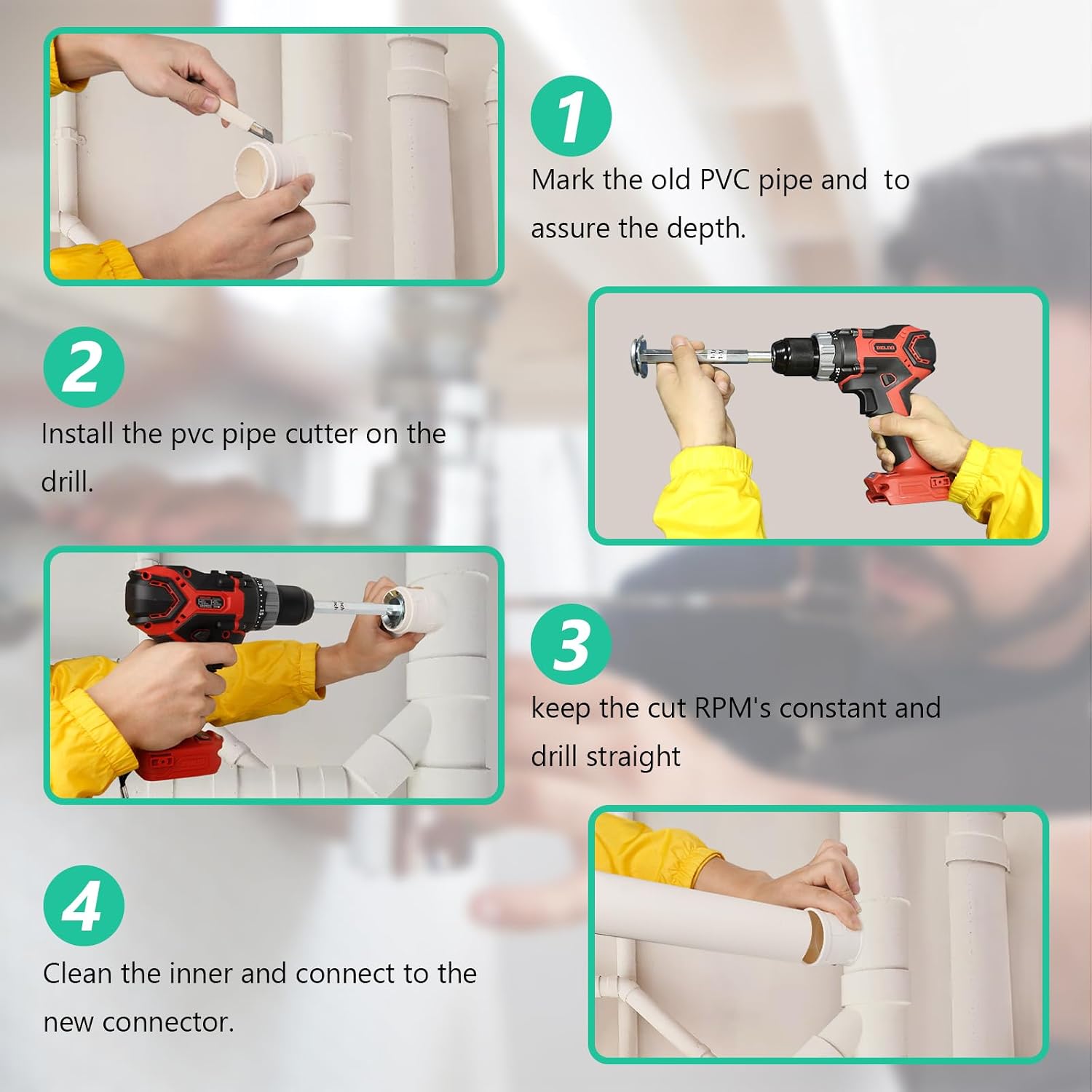 PVC Pipe Reamer, 4Pcs PVC Fitting Saver Tool for Removing SCH 40 from Hub, 1-1/2 In, 2 In, 3 In, 4 In Head, Bit