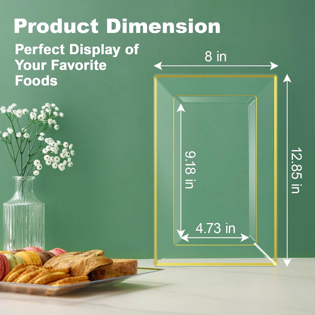 8 PCS Plastic Serving Trays for Party, Clear Gold Rim Platters