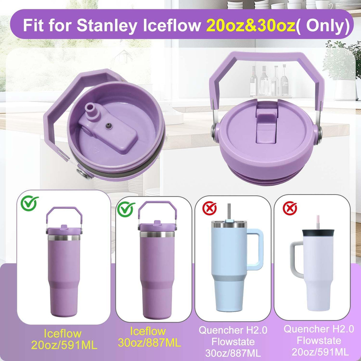 2-Pack Replacement Flip Straw Lids for Stanley IceFlow Tumbler 30oz and 20oz, Spill-Proof Cap with 2 Reusable Straws
