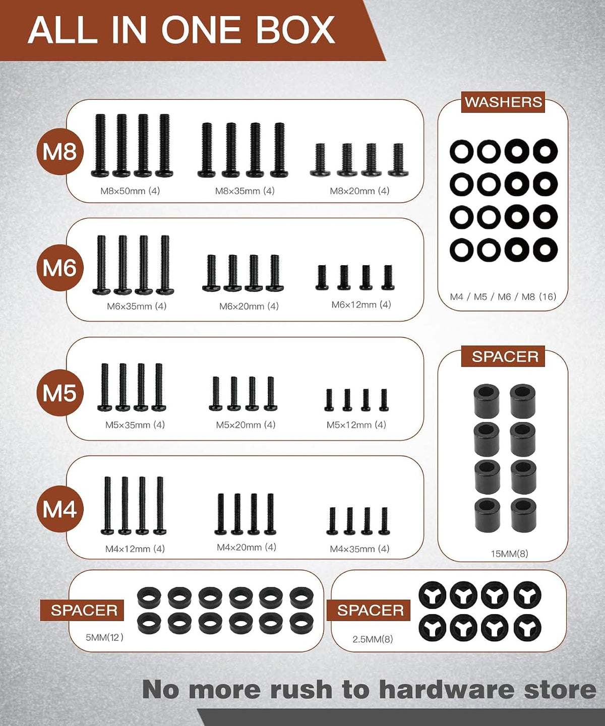 92PCS TV Mounting Hardware Screw Kit, M4 M5 M6 M8 Screws