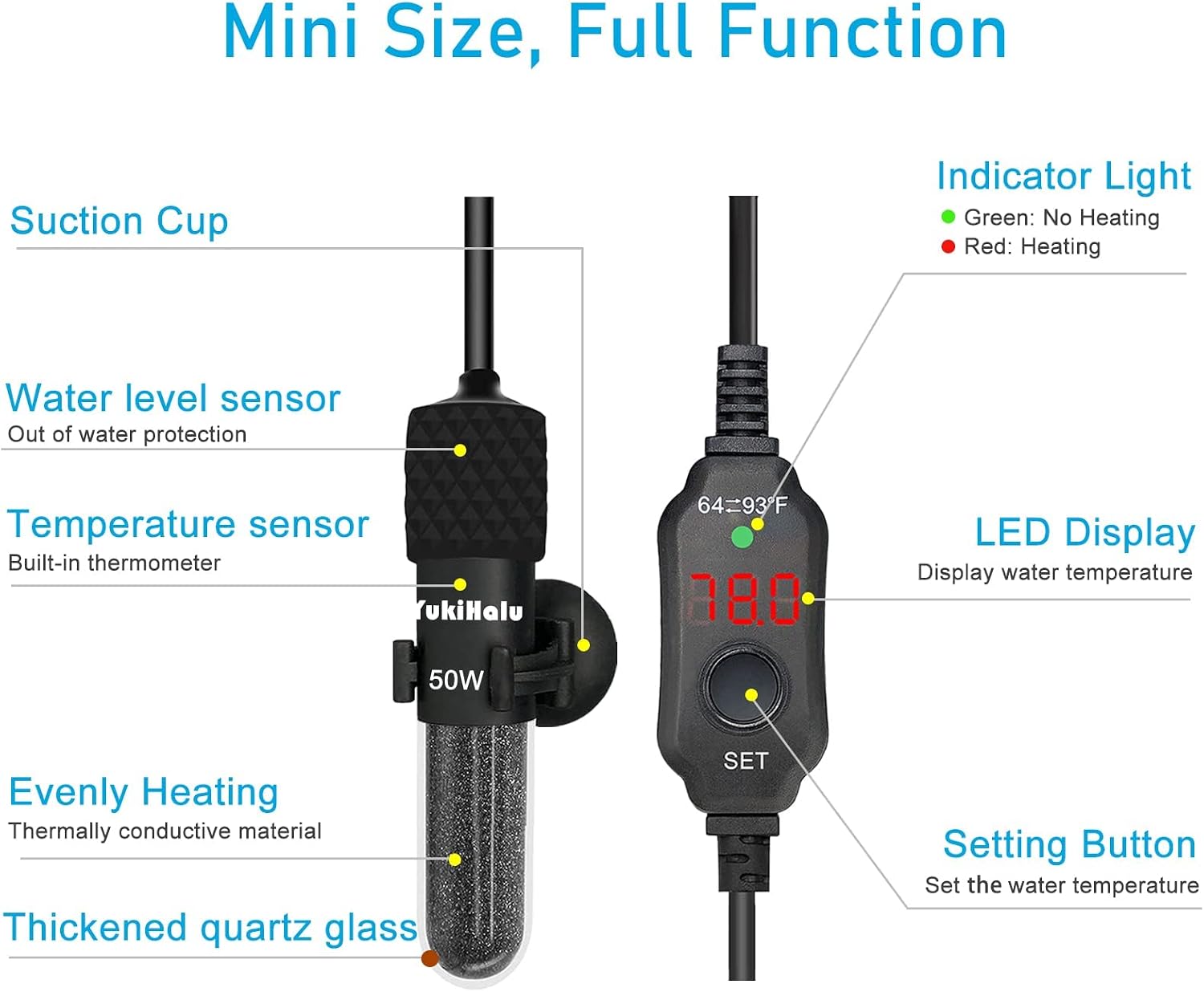 Small Submersible Aquarium Heater, Adjustable Mini Fish Tank Heater 25W 50W 100W 200W 300W with External Temperature