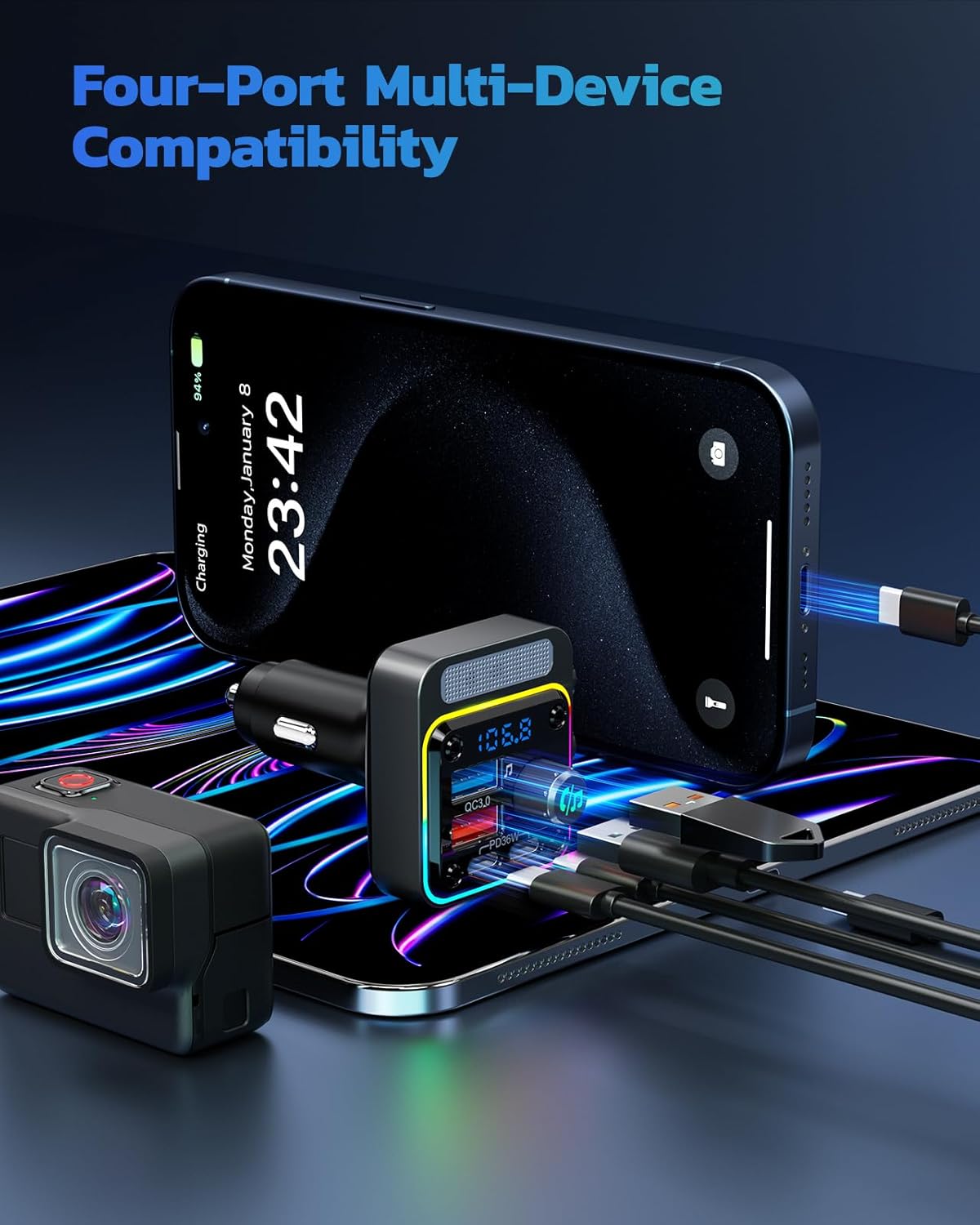 54W Bluetooth 5.3 Car Adapter, FM Transmitter 4-Port Fast Charging | Wireless FM Radio Music Player with Deep Bass, 5