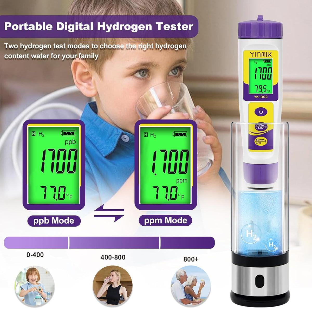 Hydrogen Water Tester, 6 in 1 pH TDS H2 EC ORP Temp Meter for Water