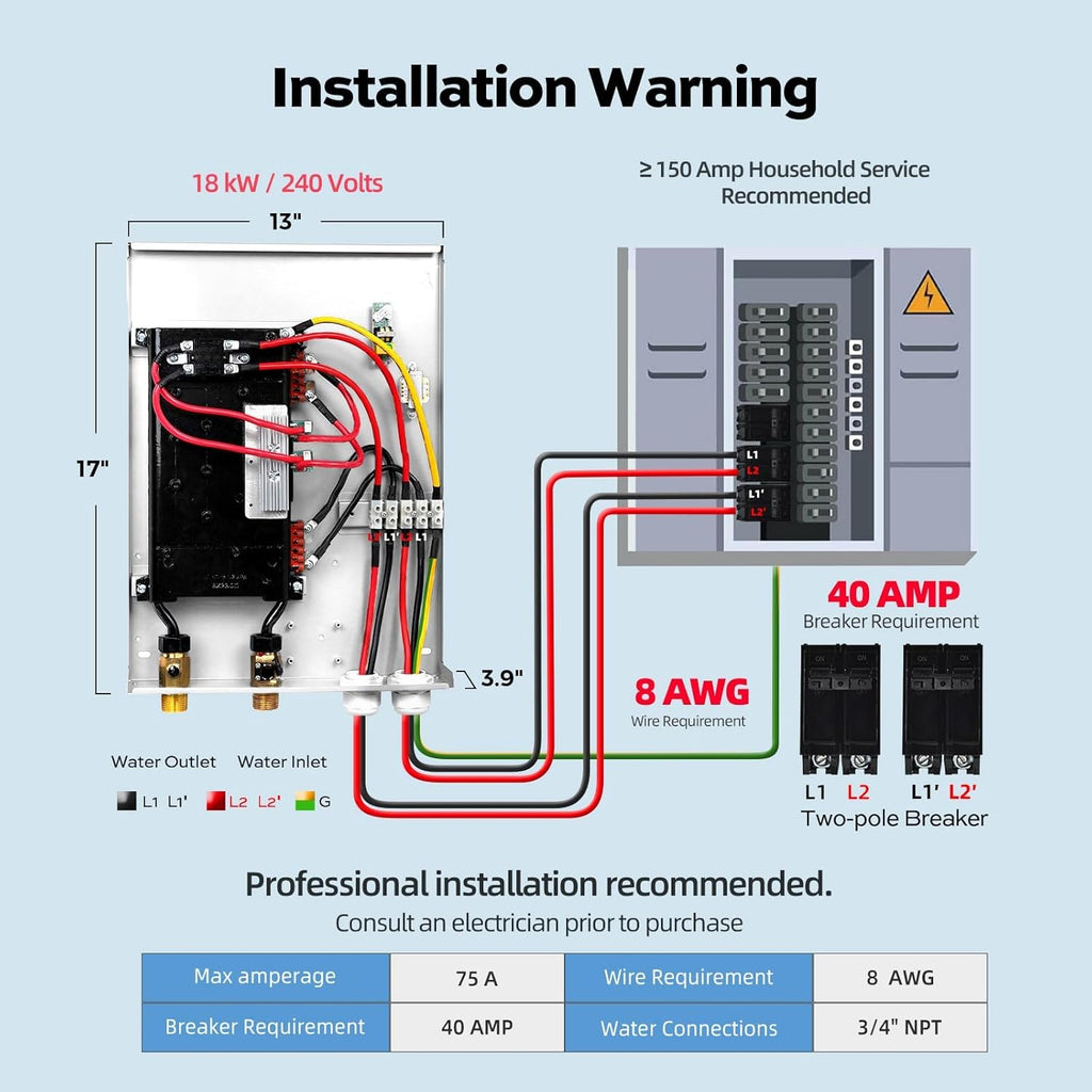 18kW Tankless Water Heater Electric 240v Max 4.17 GPM | Whole House Supply for 2-3 Fixtures, 3s Instant Heating, 98%
