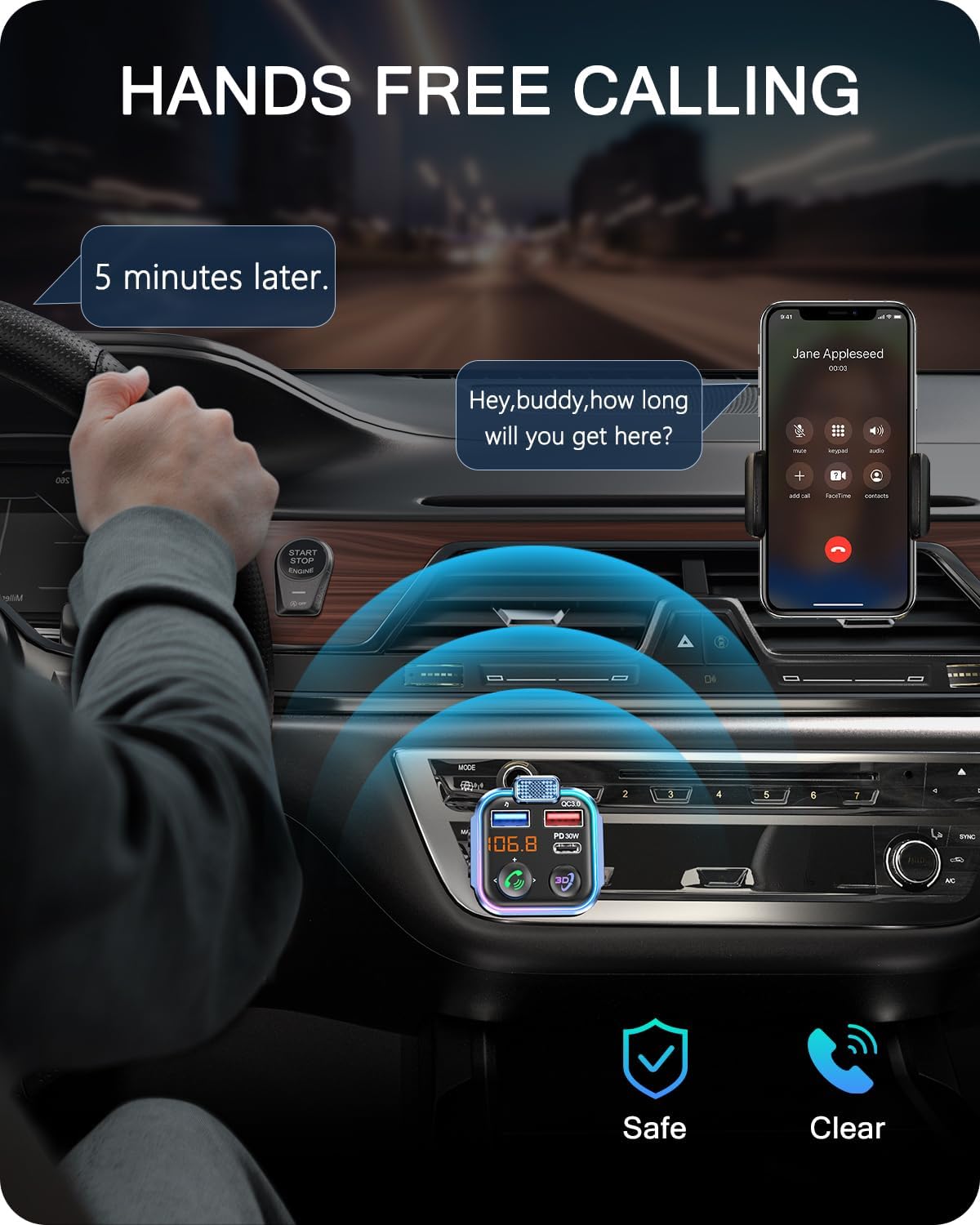 Bluetooth 5.3 FM Transmitter, Wireless Radio Adapter Car Kit | Type-C PD 30W+ QC3.0 Fast USB Charger, Hands-Free