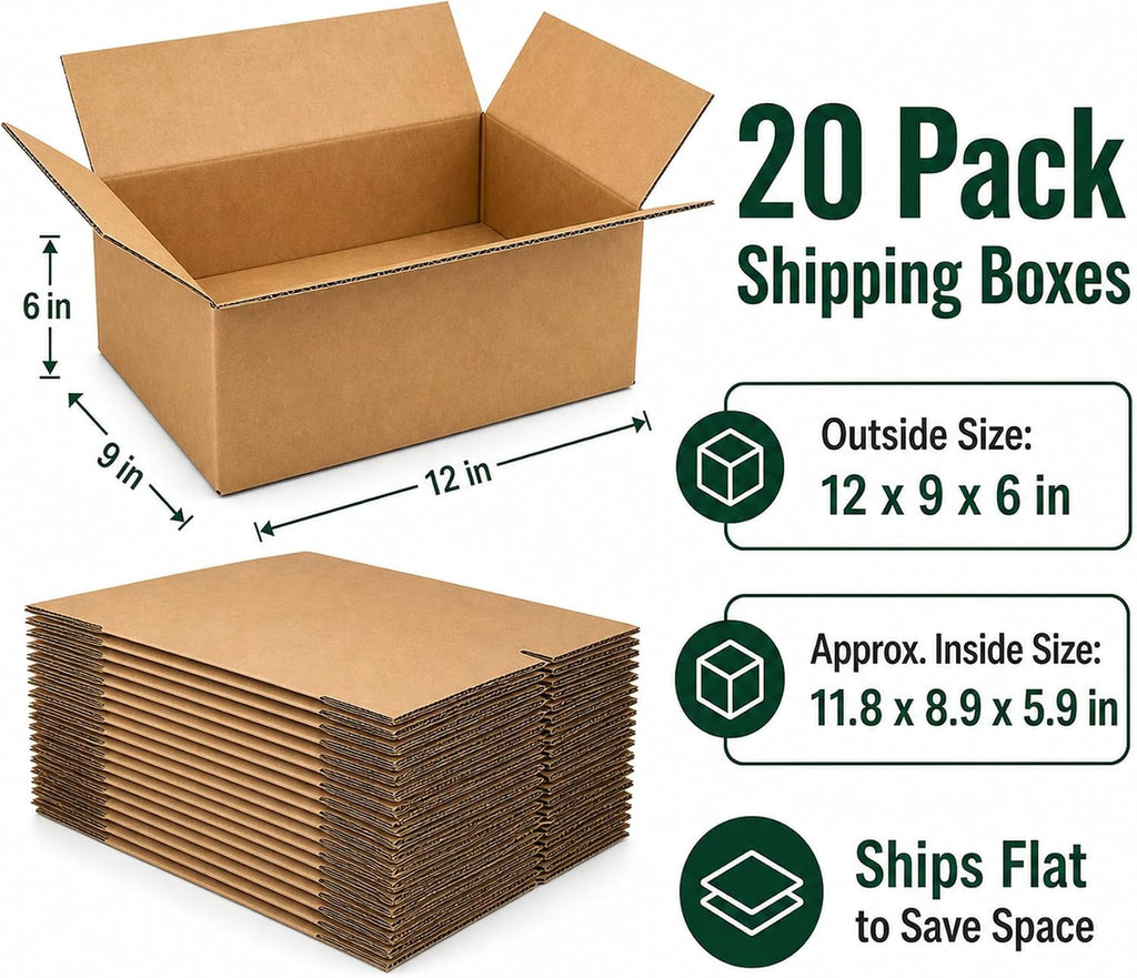 12x9x6 Brown Kraft Shipping Boxes for Small Business, 20 Pack