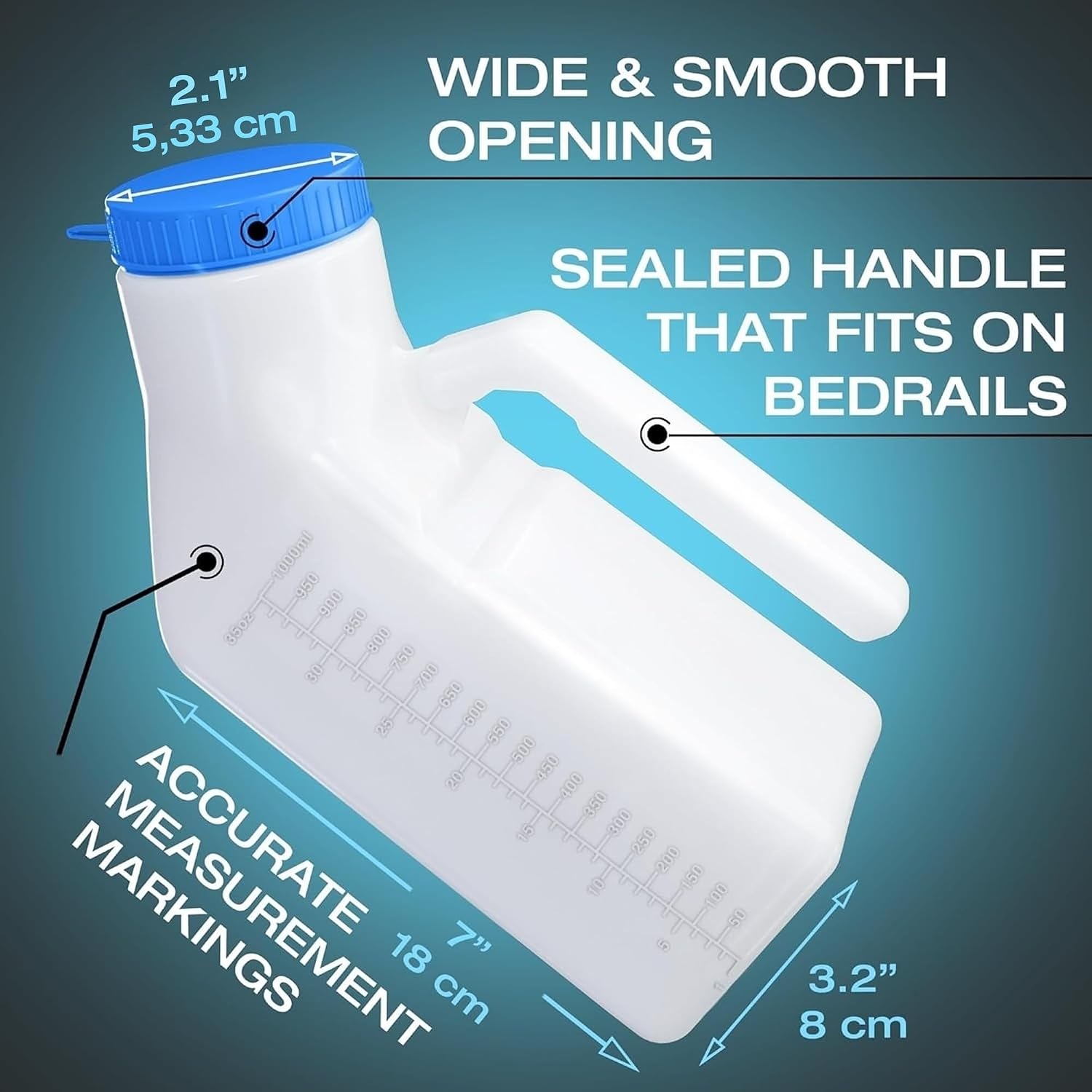 Urinals for Men Glow in The Dark Lid by Tilcare (2 Pack) - 32oz/1000mL Thick Plastic Mens Bedpan Bottle with Screw-on