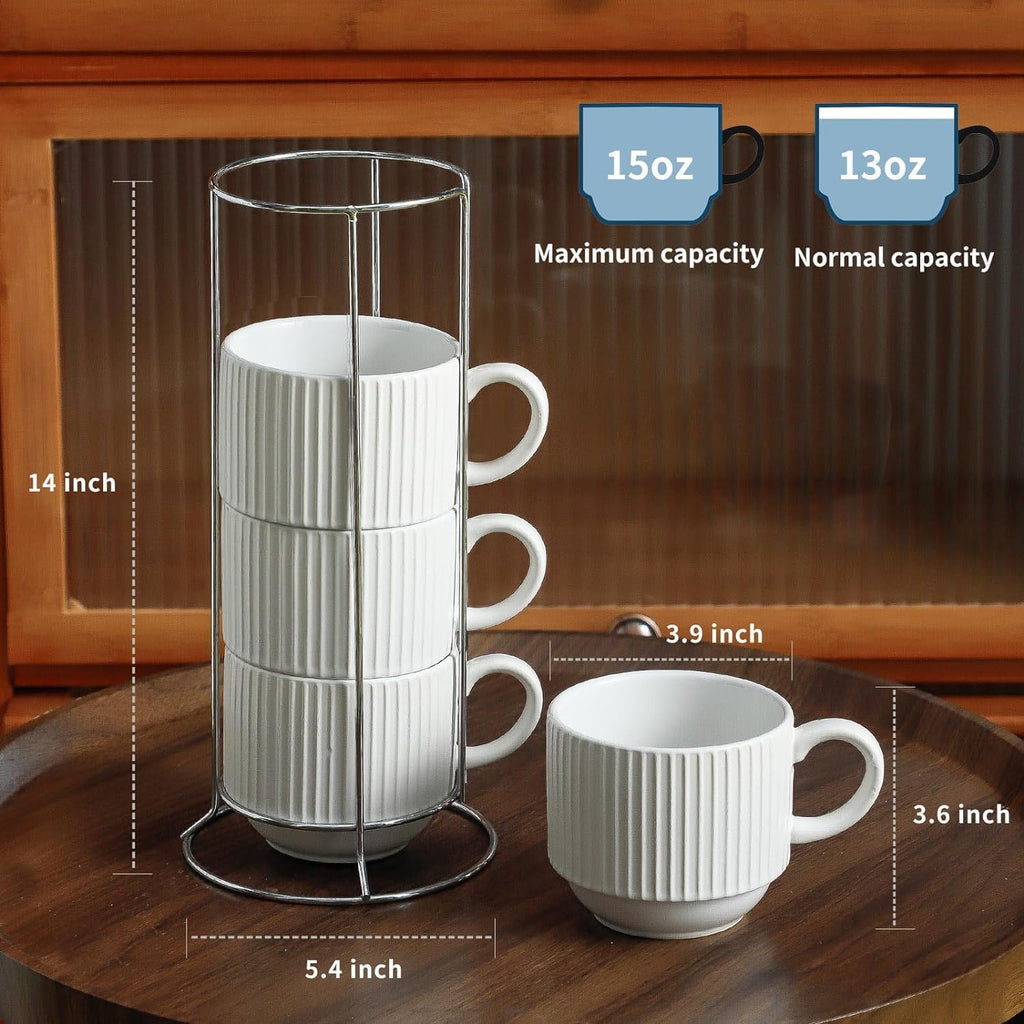 Stackable Coffee Mugs Set of 4 with Stand, Ceramic 15oz Coffee Cups, White