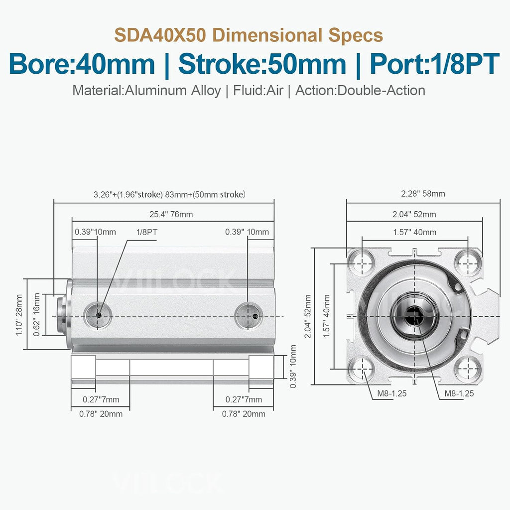 SDA40x50 Thin Air Cylinder 40mm Bore 50mm Stroke Double Acting