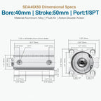 SDA40x50 Thin Air Cylinder 40mm Bore 50mm Stroke Double Acting
