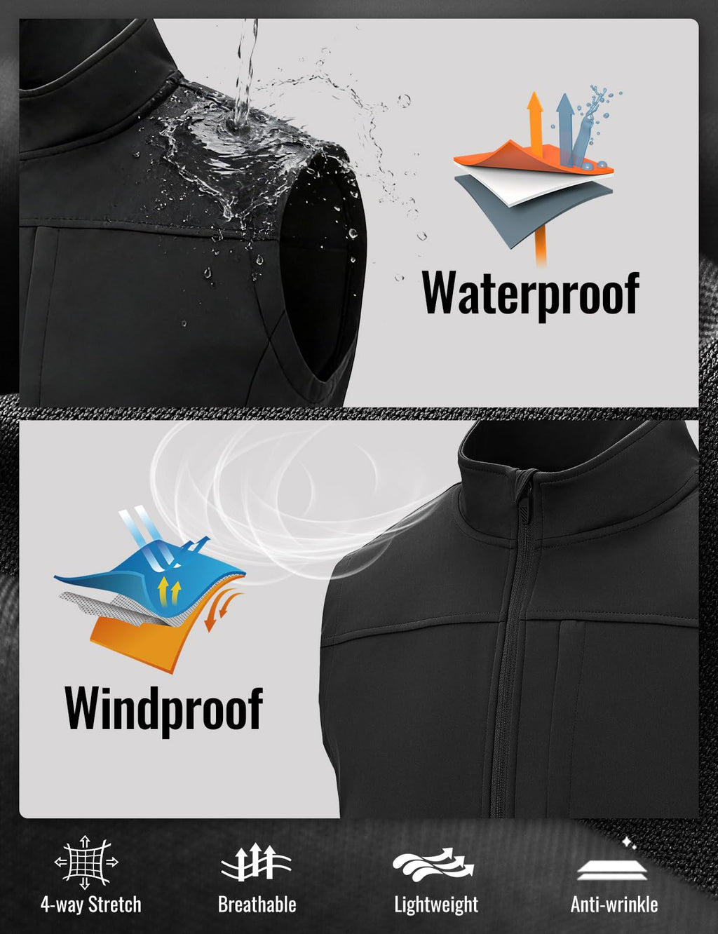 Men's Lightweight Softshell Golf Outdoor Vest Outerwear Black M