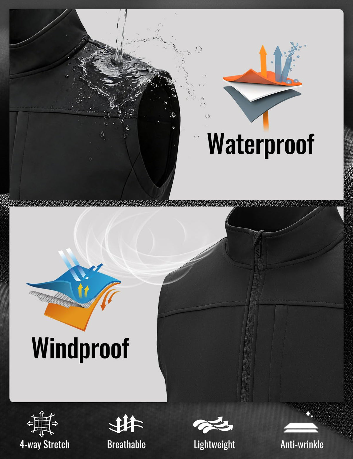 Men's Lightweight Softshell Golf Outdoor Vest Outerwear Black M
