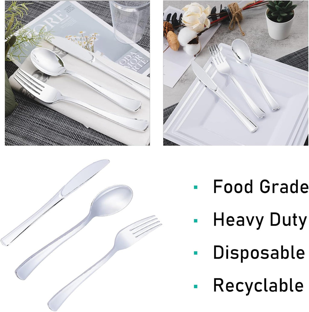 300PCS Silver Plastic Silverware, Disposable Utensils & Cutlery
