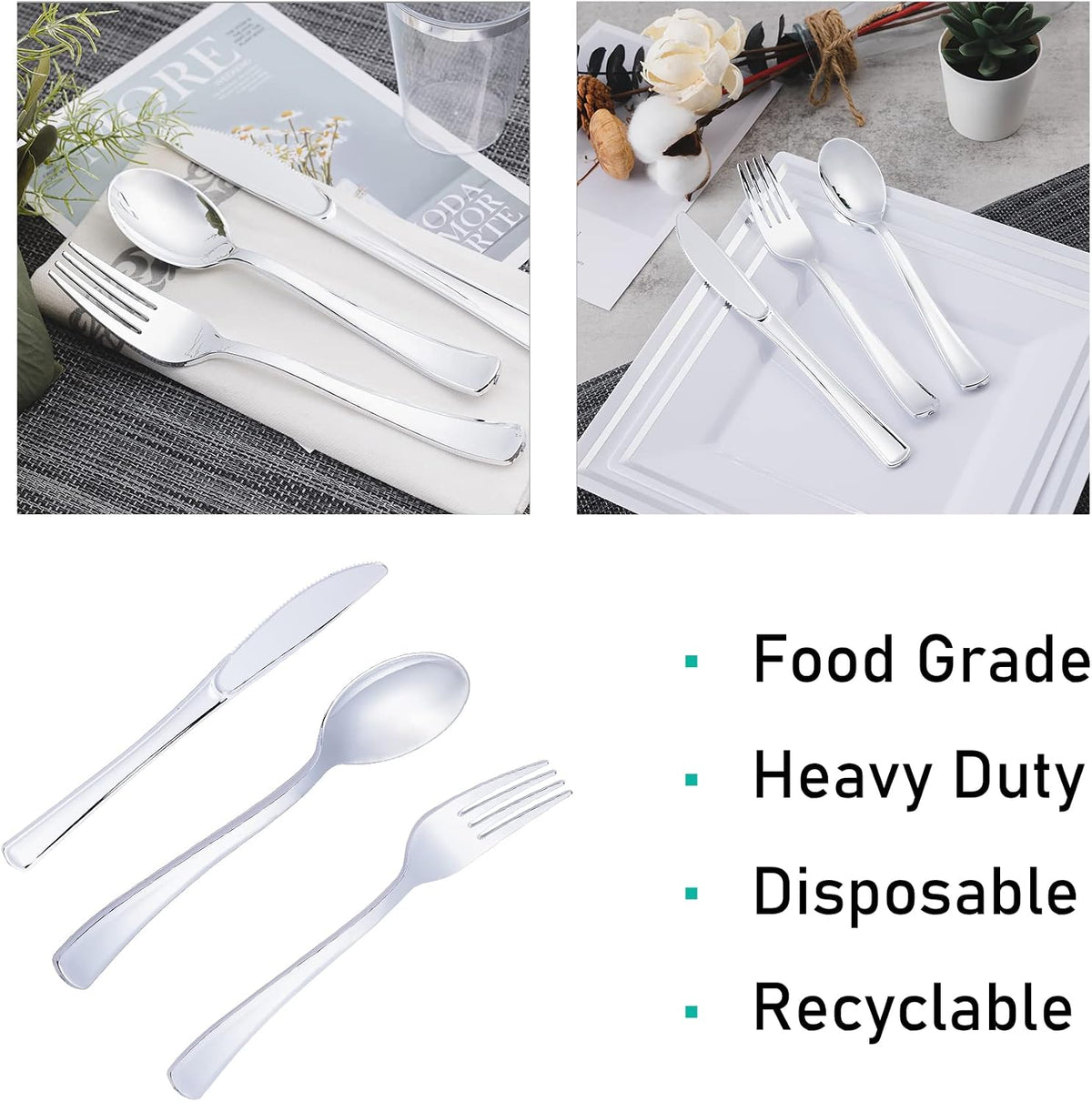 300PCS Silver Plastic Silverware, Disposable Utensils & Cutlery