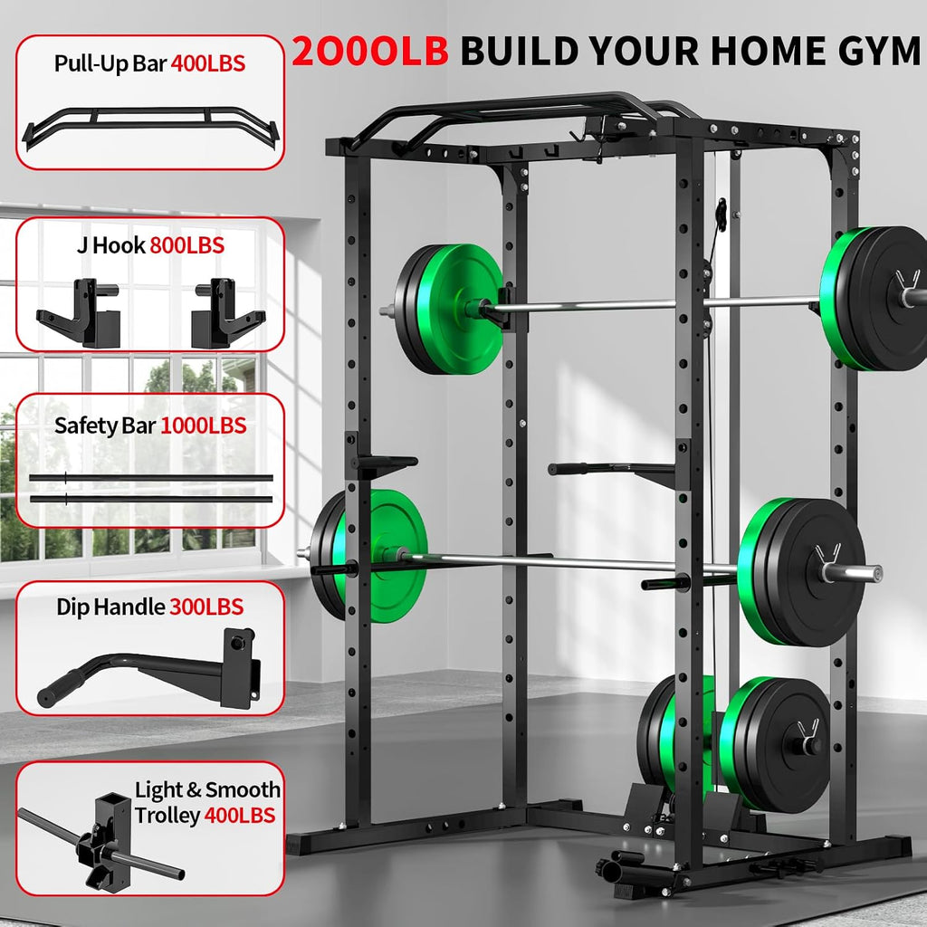 Power Rack with LAT Pulldown, 2000LBS Power Cage with Cable System, Multi-Function Squat Rack with J-Hooks, Safety