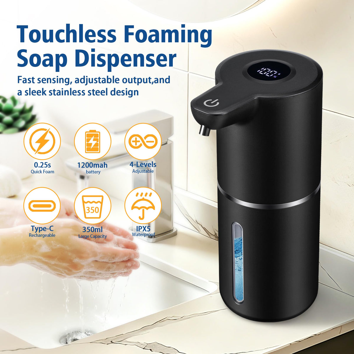 Automatic Foam Soap Dispenser Touchless Rechargeable, 350ml Black