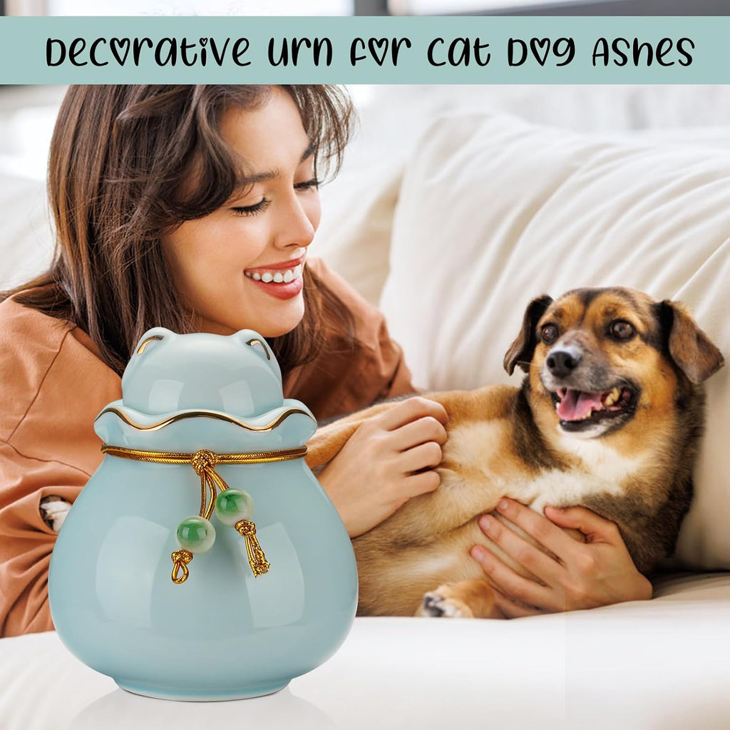 Pet Memorial Urn for Cat or Dog Ashes - 3.54"x3.15" Elegant Ceramic Keepsake with Pet-Shaped Lid & Gold Trim, Small