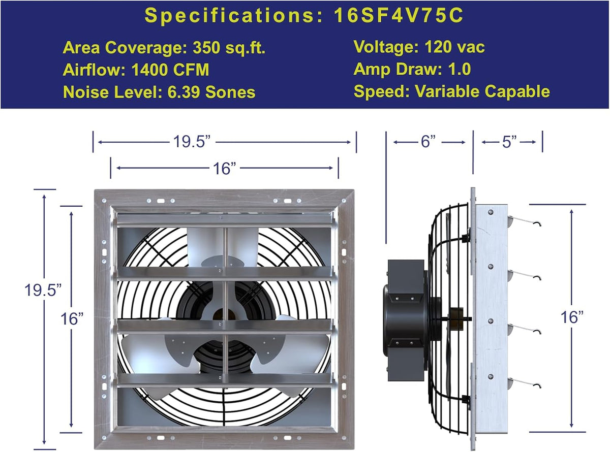 Hessaire 16SF4V75C Exhaust Fan, 16 Inch, 1400 CFM, Shutter Mount, Variable Speed Capable, Corrosion Resistant, Quiet Operating, Fully Assembled