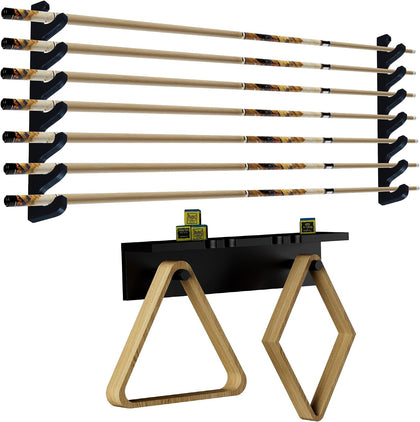 Black Wall-Mounted Pool Stick Holder, Wooden Billiards Pool Cue Rack Holds 7 Cue Sticks and 2 Pool Ball Racks, Pool