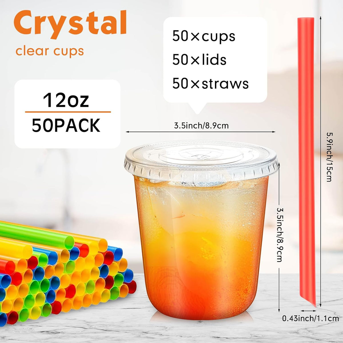 50 Sets 12 Oz Plastic Cups with Lids and Jumbo Straws, Multicolor