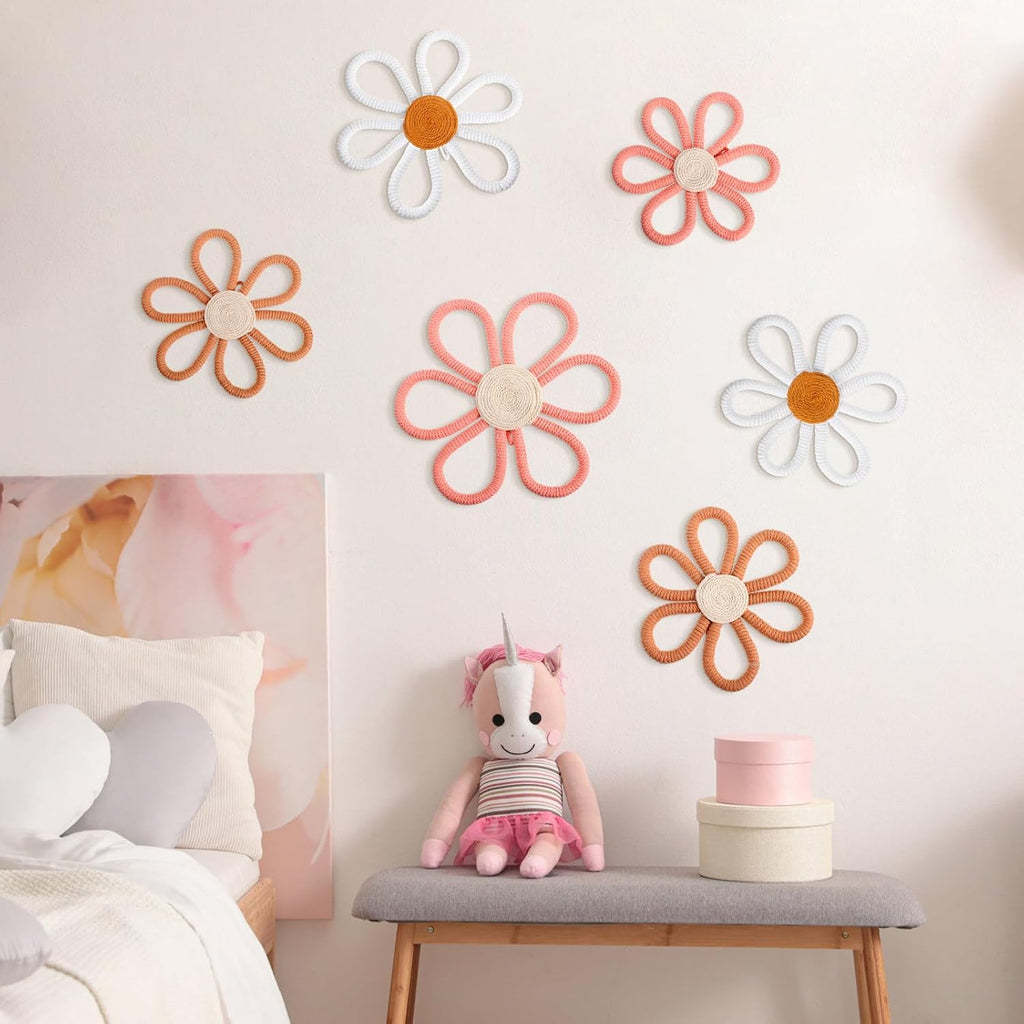 6 Pcs Boho Nursery Decor Daisy Flower Woven Macrame Wall Hanging 3 Size Daisy Flower Wall Decor Bohemian Nursery