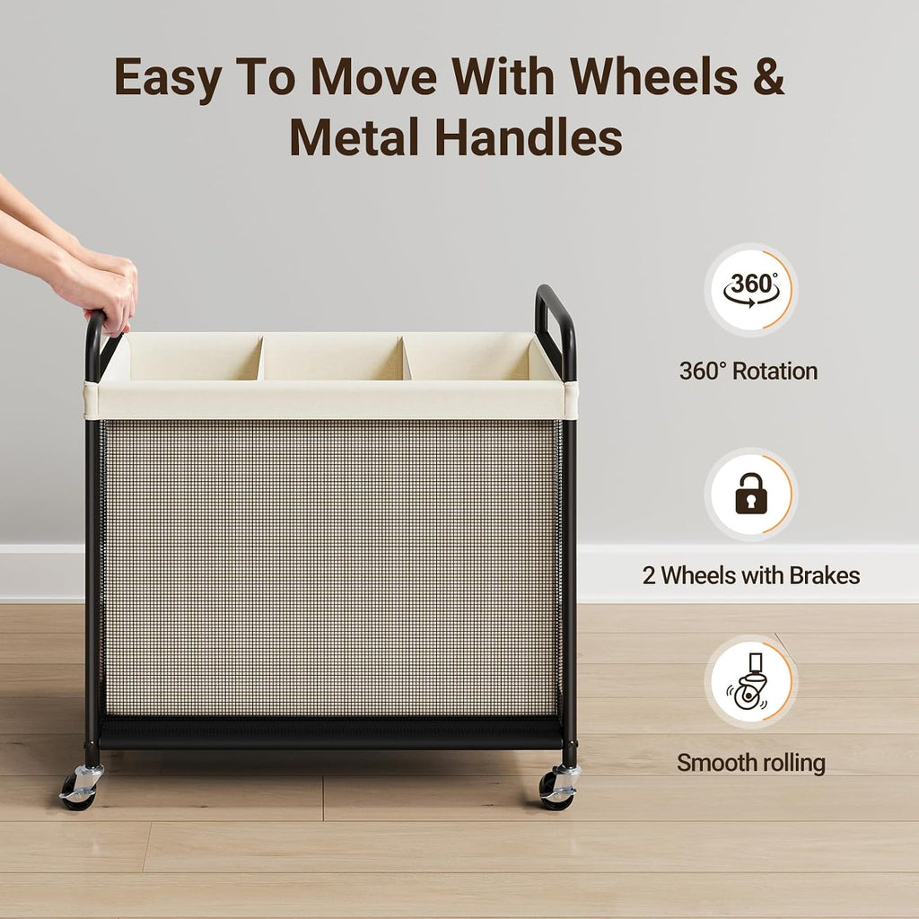 Laundry Hamper 3 Section, 120L Rolling Laundry Sorter with Wheels | Removable Washable Liner Bags, Sturdy Steel Frame