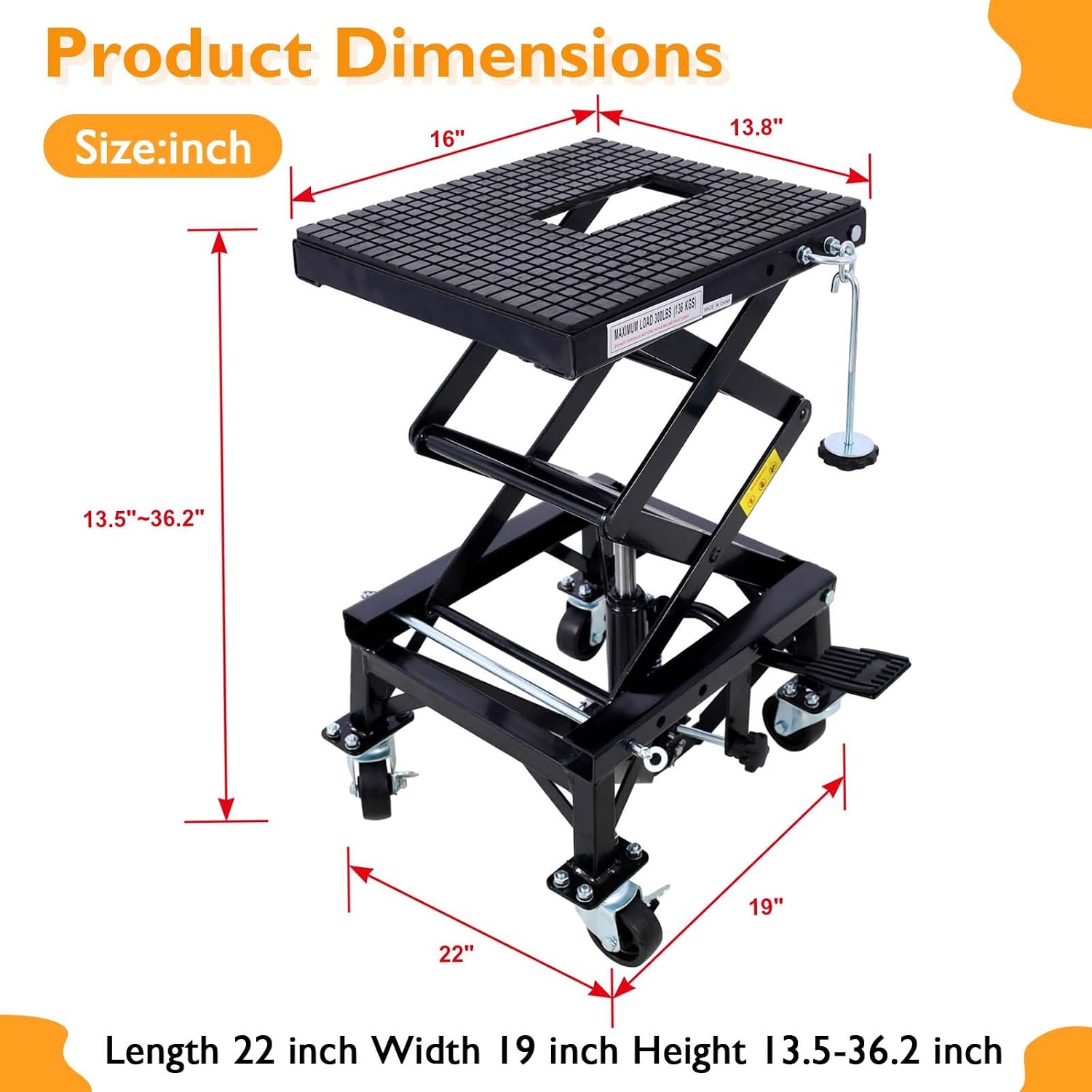 Hydraulic Motorcycle Lift Table, 350 lbs Capacity Scissor Jack Lift with Wide Deck, J-Hooks, 4 Wheels, Foot-Operated