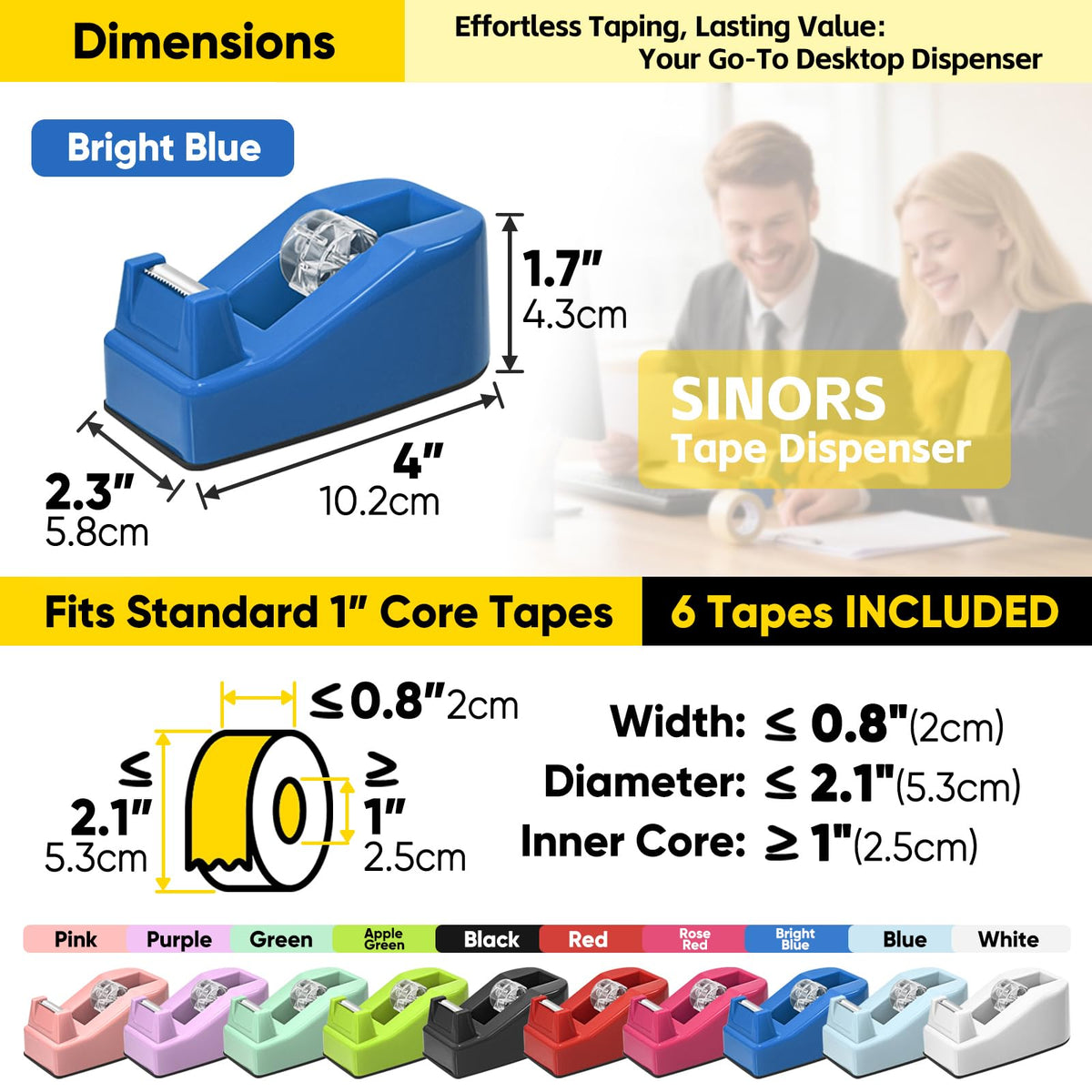 Compact Desktop Tape Dispenser with 6 Rolls 3/4" Clear Tape, Bright Blue
