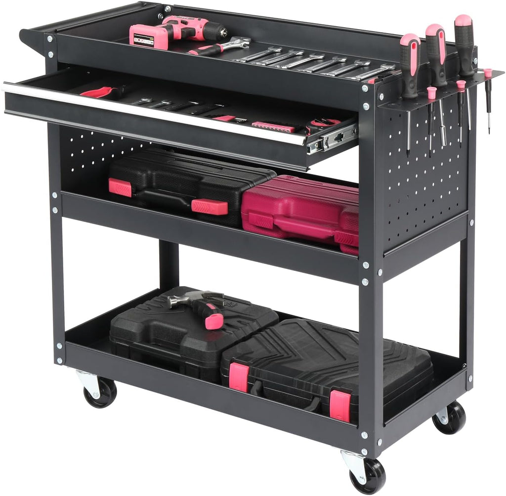 3-Tier Rolling Tool Cart, Heavy Duty Utility Industrial Service Cart on Wheels, with Locked Drawers, for Workshop