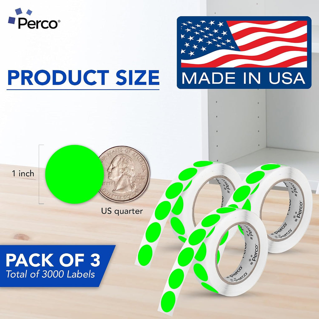 Neon Green Perforated Round Circle Dot Sticker 1-Inch Labels — 3 Rolls, 3,000 Stickers - in Stock, Approved &