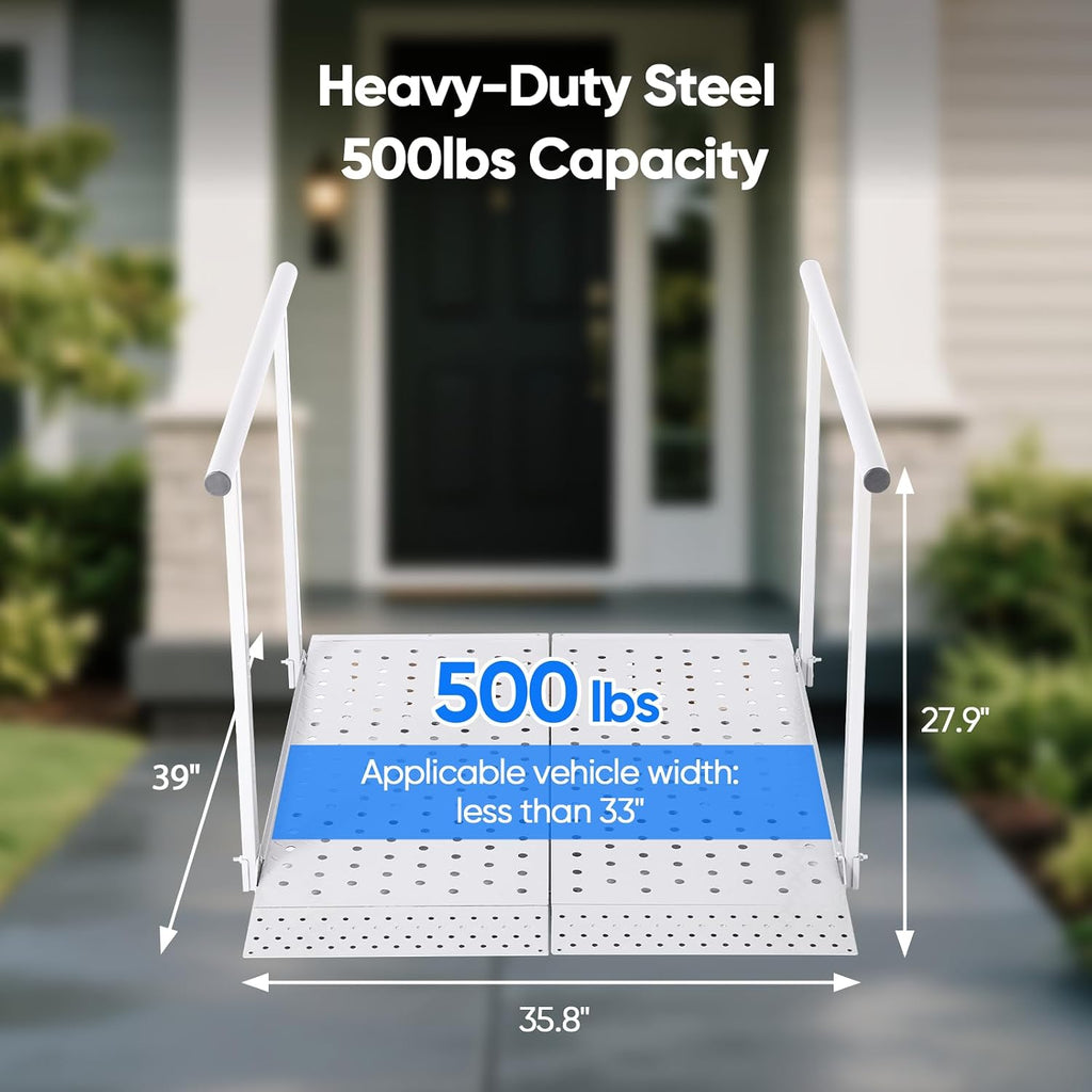 Folding Wheelchair Ramp with Handrails for Steps – Heavy Duty Threshold Ramp 500lbs Capacity, Safe Door Portable Ramp
