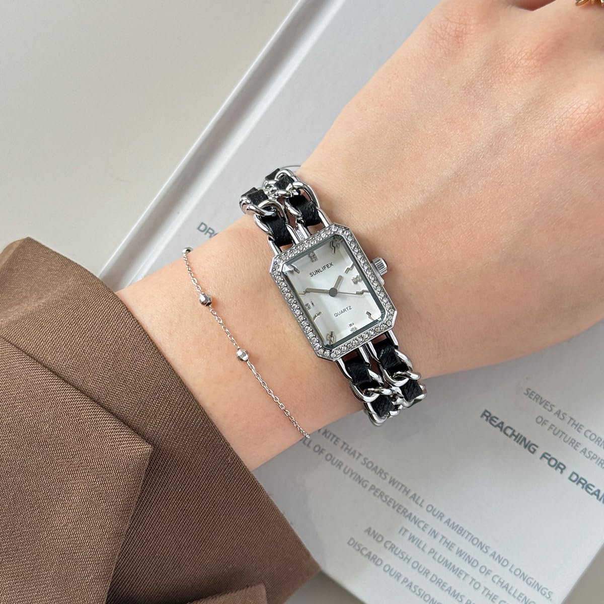 Elegant Womens Square Bracelet Watch, Chain Braid Band Quartz Watch | Retro Dress Design, Lightweight Fit, Adjustable