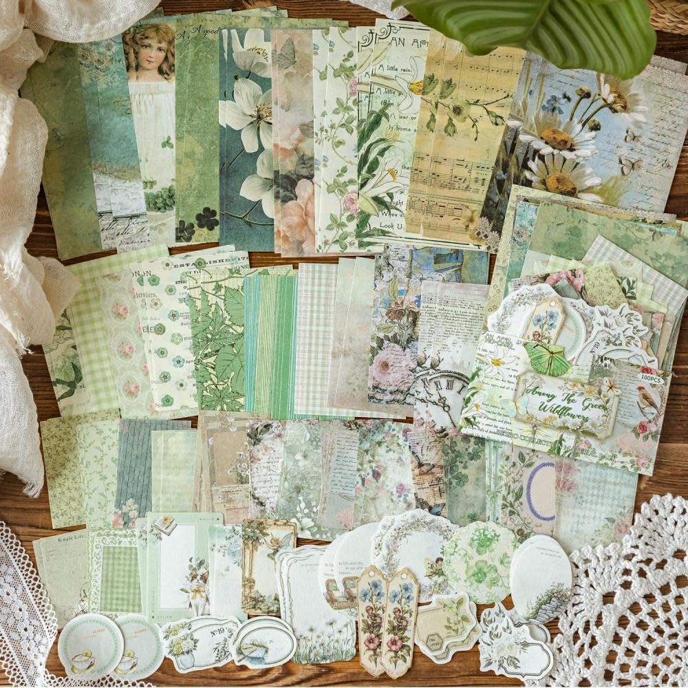 400Pcs Vintage Scrapbook Supplies Kit, Scrapbook Paper and Journaling Stickers Set, 4Pack Scrap Booking Kit for Junk
