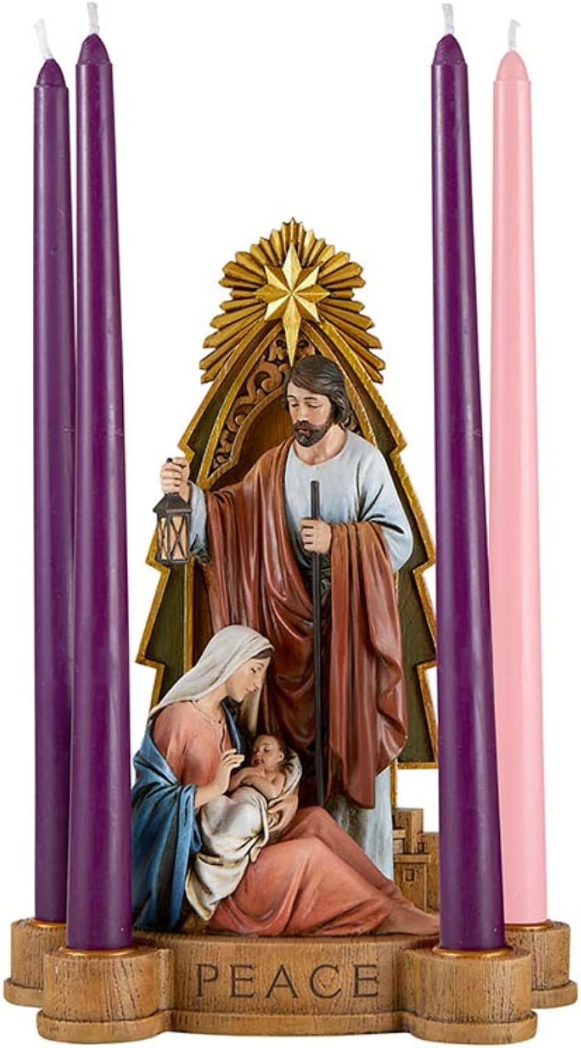 Good News Holy Family Advent Candleholder with Engraved Scripture, Religious Christmas Figurine for Indoor, Christmas