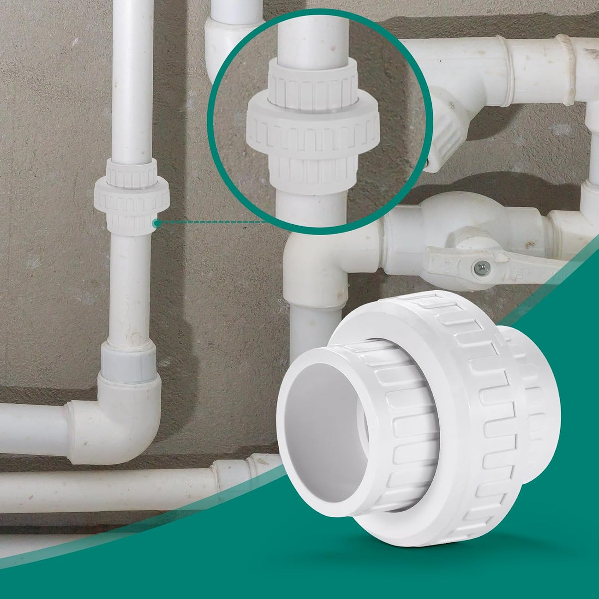 1-1/4" PVC Union Coupling Pipe Fitting,1-1/4" PVC Slip Union Schedule 40, PVC Adapter(Socket x Socket), built-in EPDM O-Ring, White (2 Pack ）