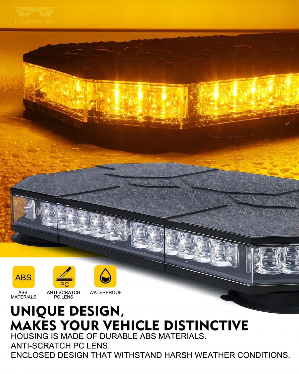 Amber LED Rooftop Strobe Beacon Lights Bar with Controller | Magnetic Emergency Warning Flashing Light for