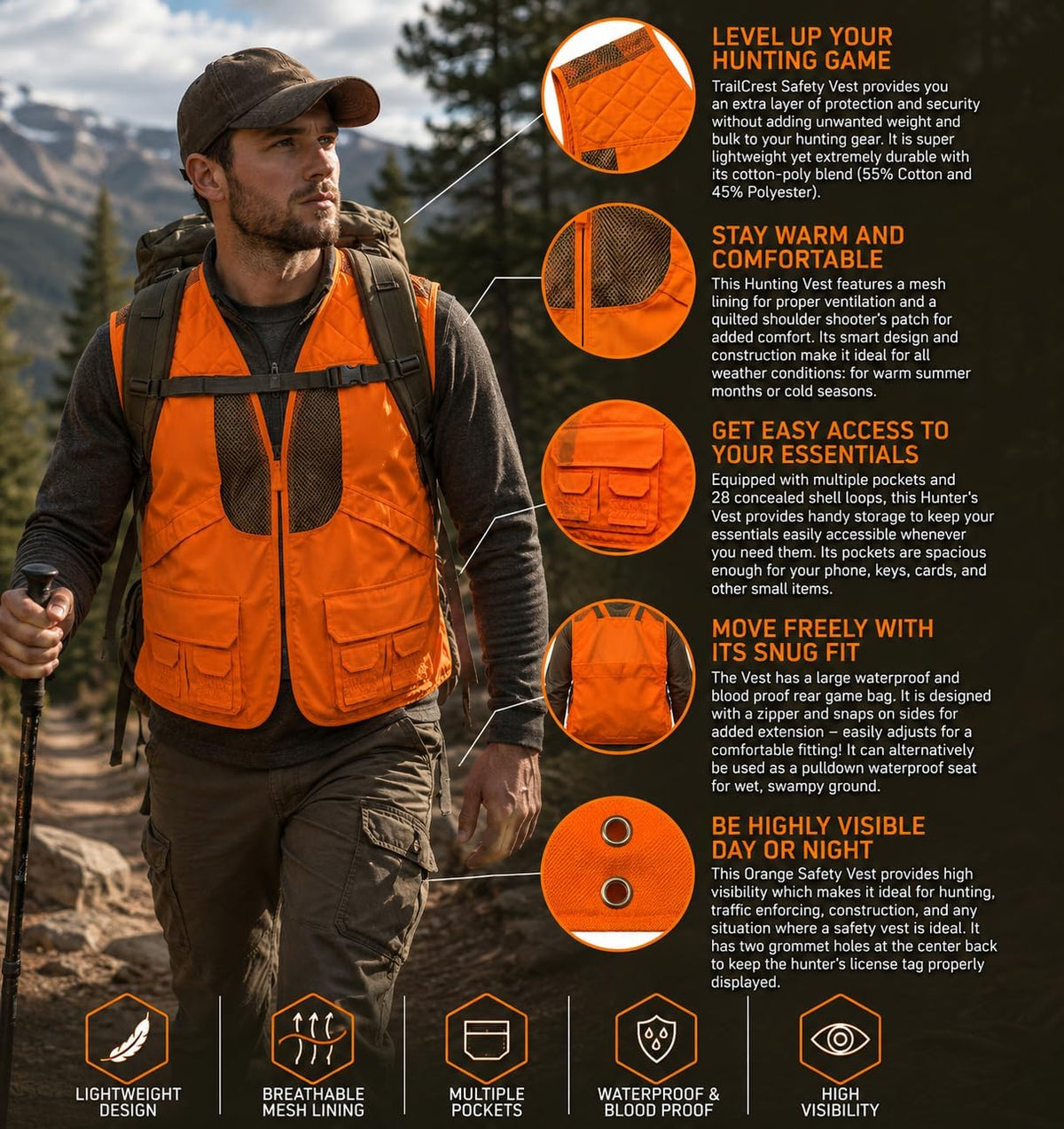 Men's Upland Deluxe Blaze Orange Front Loader Hunting Vest | Blaze orange men's hunting vest with mesh lining
