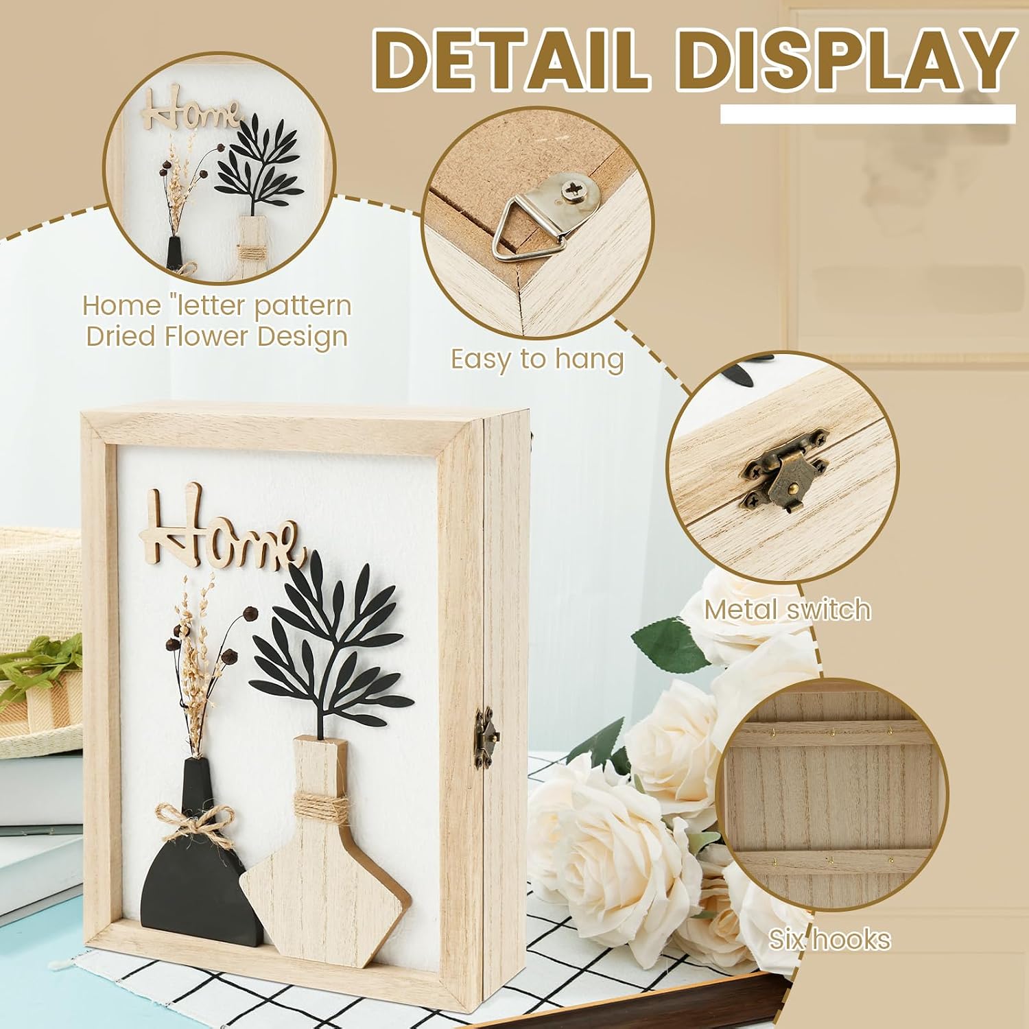 Wooden Key Box, Key Holder Wall Mount Decorative Wooden Key Cabinet Holder with 6 Hooks Rustic Access Card Hanger