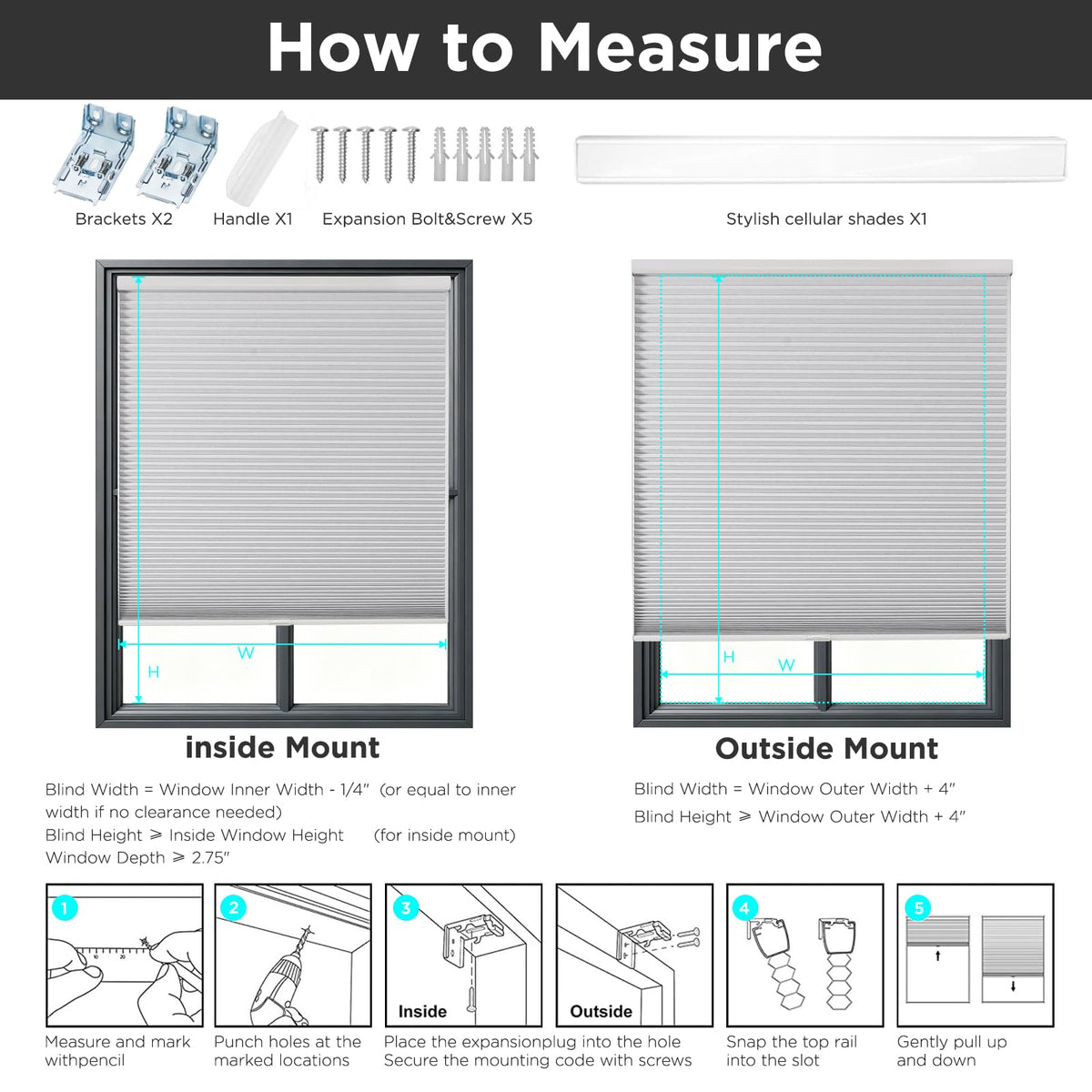 Cordless Blackout Cellular Shades, 35" W x 64" H, White