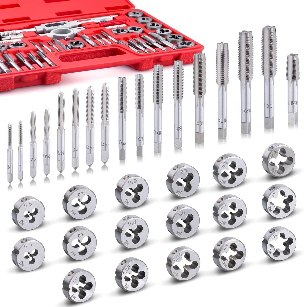 EFFICERE 40-Piece Premium Tap and Die Set, Metric Screw Threads M3, M4, M5, M6, M7, M8, M10, M12, Both Coarse and Fine Types | Essential Threading Tool Kit with Complete Handles, Accessories and Case